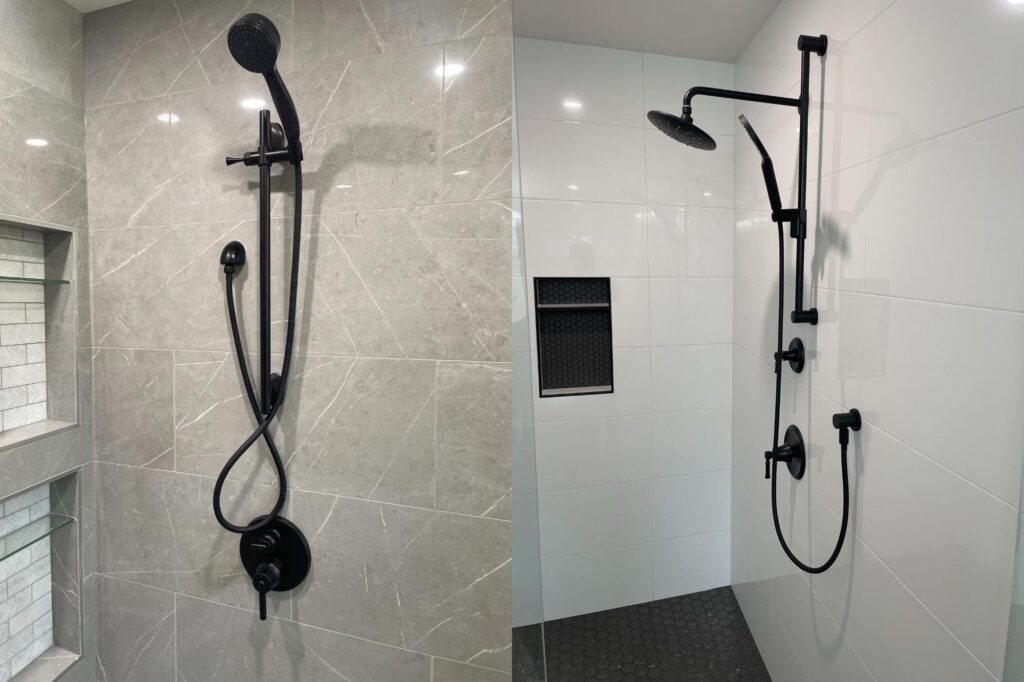 Modern shower repair with sleek black fixtures and rainfall shower heads, featuring tiled walls and handheld sprayers installed by Kingdom Plumbing in Chilliwack.